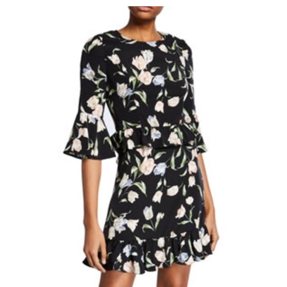 NWT Avec Les Filles Satin Floral Ruffle Dress Long Sleeve